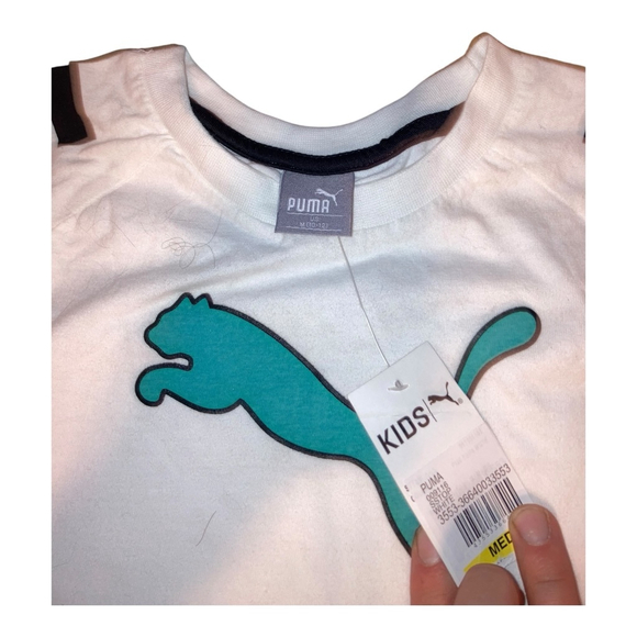 PUMA KIDS ESSENTIALS BLOCK T-SHIRT With Tags Blue White Black Stripes. Size Med - Picture 3 of 5